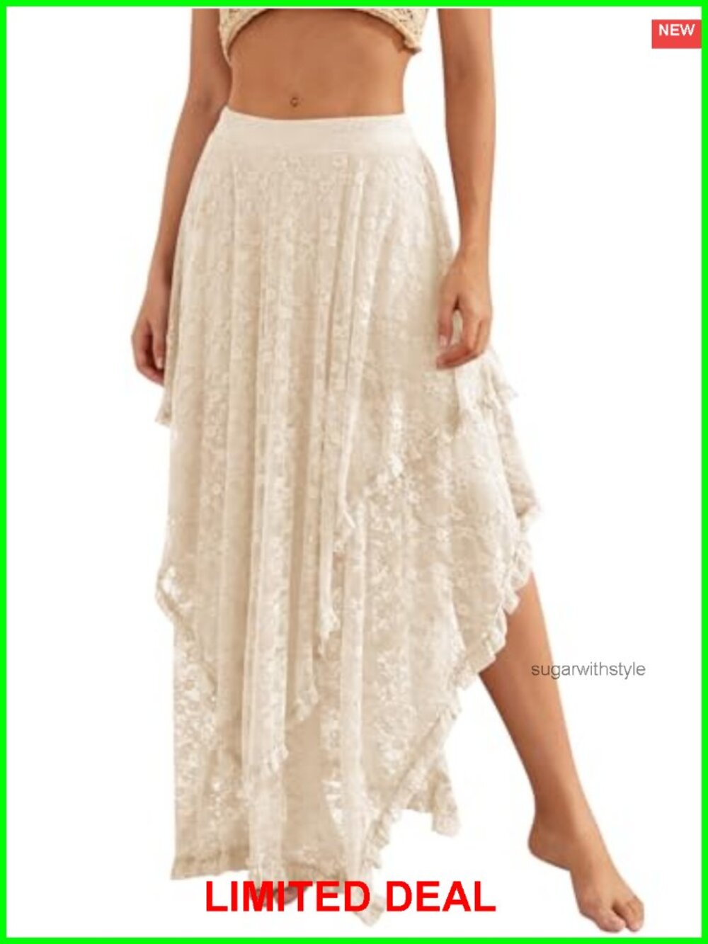 Womens Lace Maxi Skirt Elastic Asymmetrical Layered Hem See Through Beach
